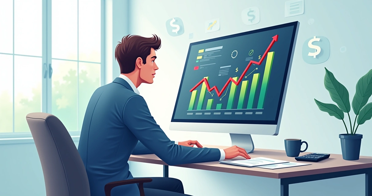 Gráfico financeiro no computador com empresário avaliando ajustes no fluxo de caixa