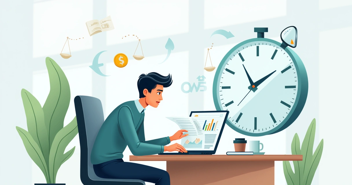 Empreendedor analisando opções financeiras com gráficos e relógio ao fundo