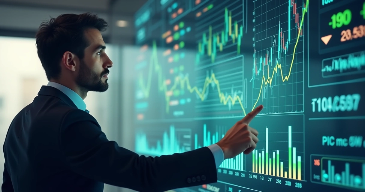 Homem analisando gráficos financeiros em tela digital com expressão concentrada