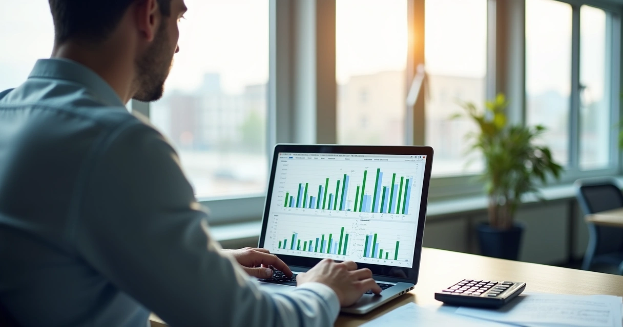 Empresário analisando gráficos financeiros em laptop com gráficos de barras verdes e azuis em escritório moderno com decoração minimalista
