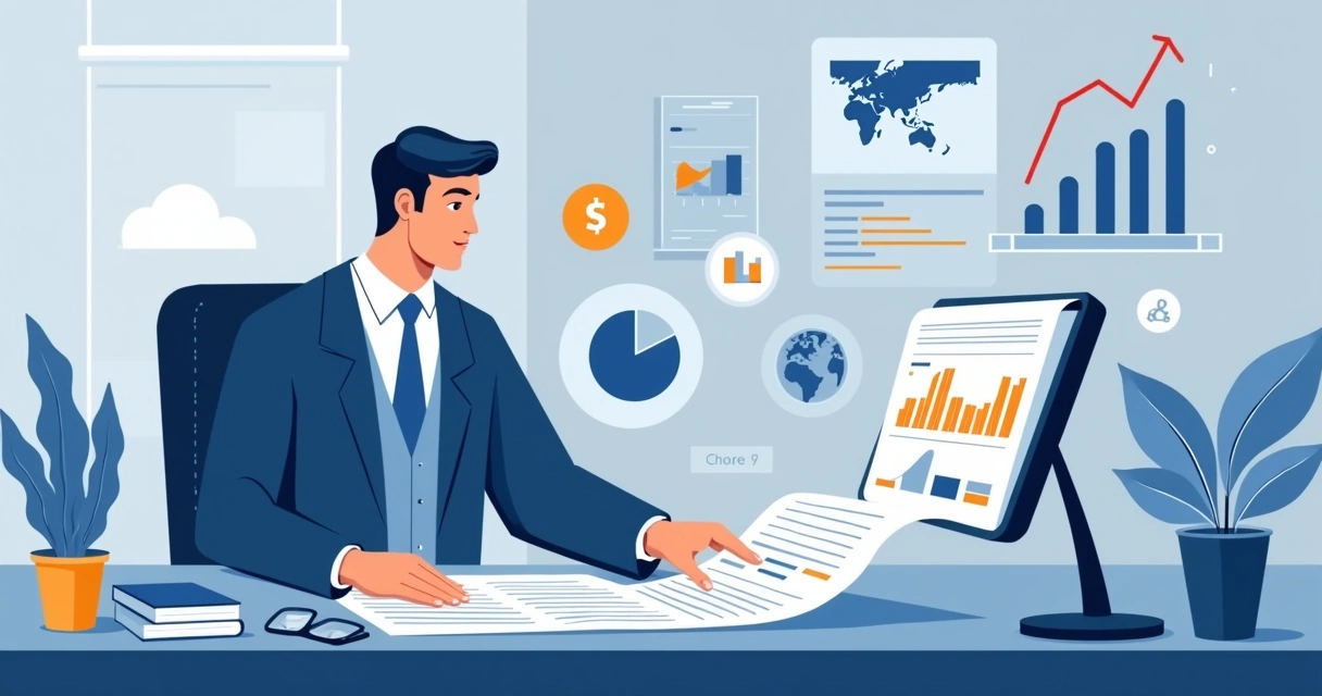 Ilustração corporativa representando avaliação de risco de crédito para clientes empresariais com elementos visuais de gráficos e documentos financeiros em tons azuis e cinzas