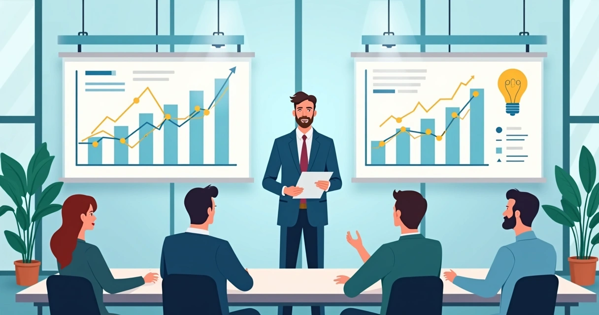 Ilustração corporativa plana mostrando um empreendedor palestrando para uma pequena plateia em ambiente moderno de escritório, com gráficos financeiros em telas ao fundo e elementos visuais relacionad