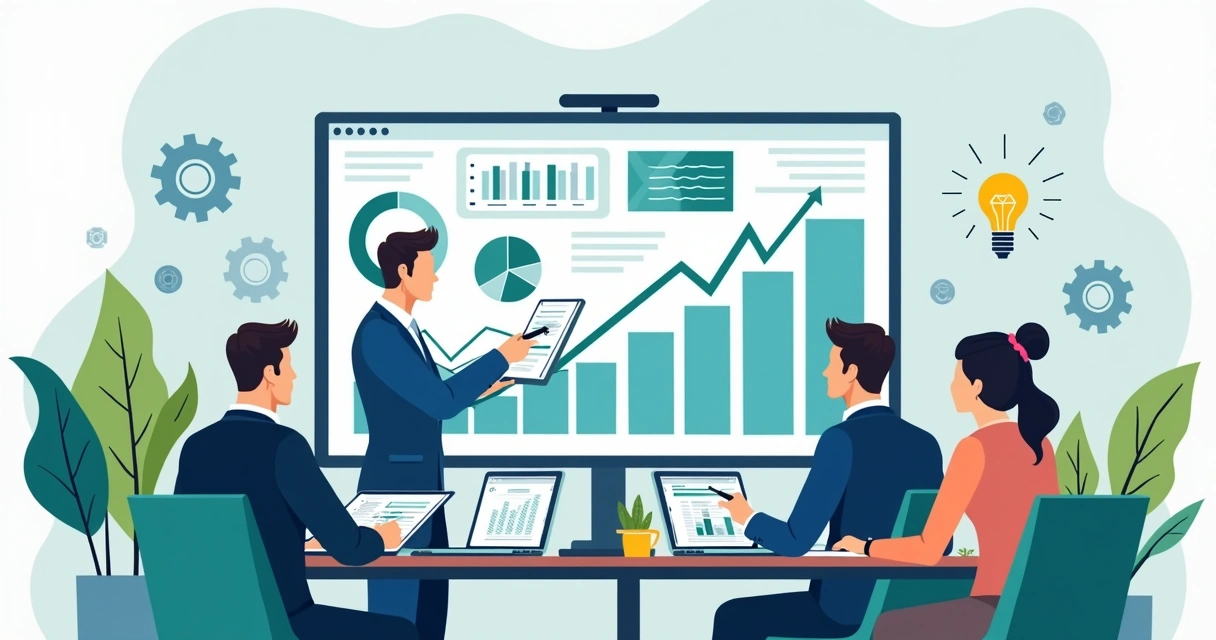 Ilustração corporativa com equipe analisando gráficos de crescimento financeiro e inovação tecnológica