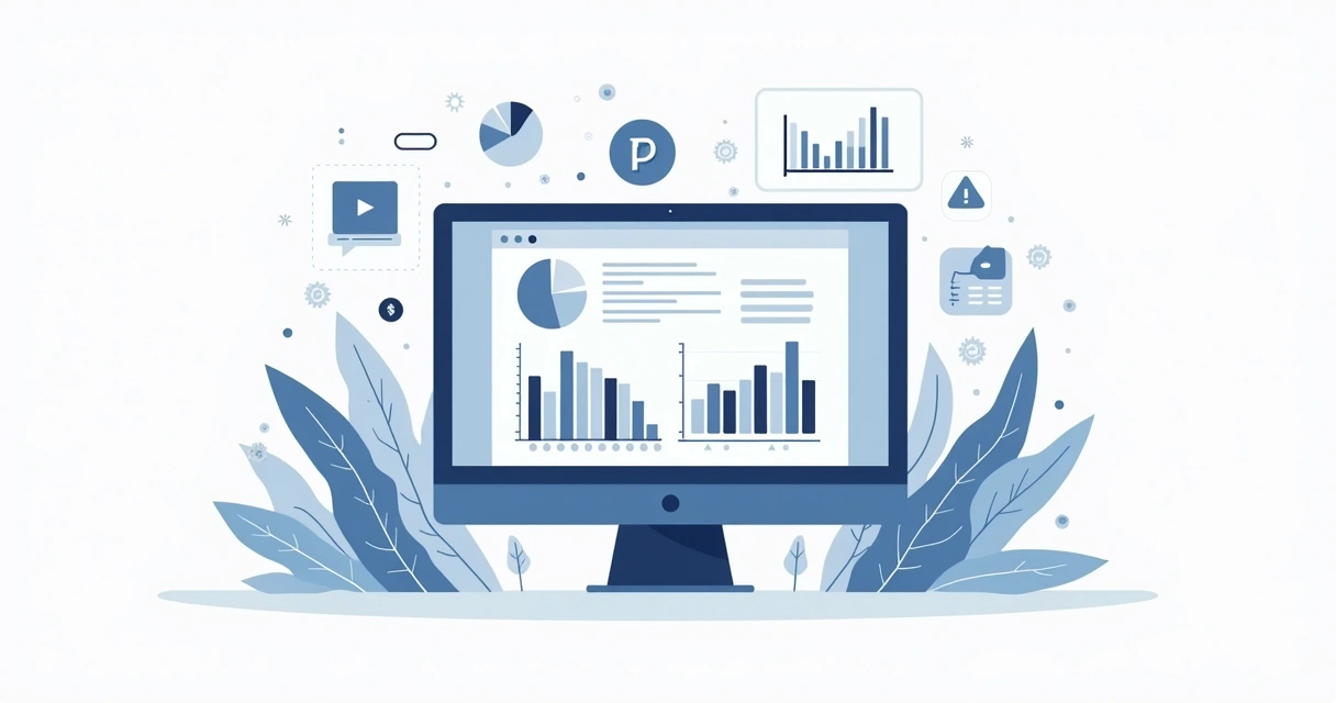 Ilustração corporativa plana de uma tela de computador exibindo gráficos financeiros, ícones de aplicativos e software ao redor, com cores azuis e cinza em fundo branco