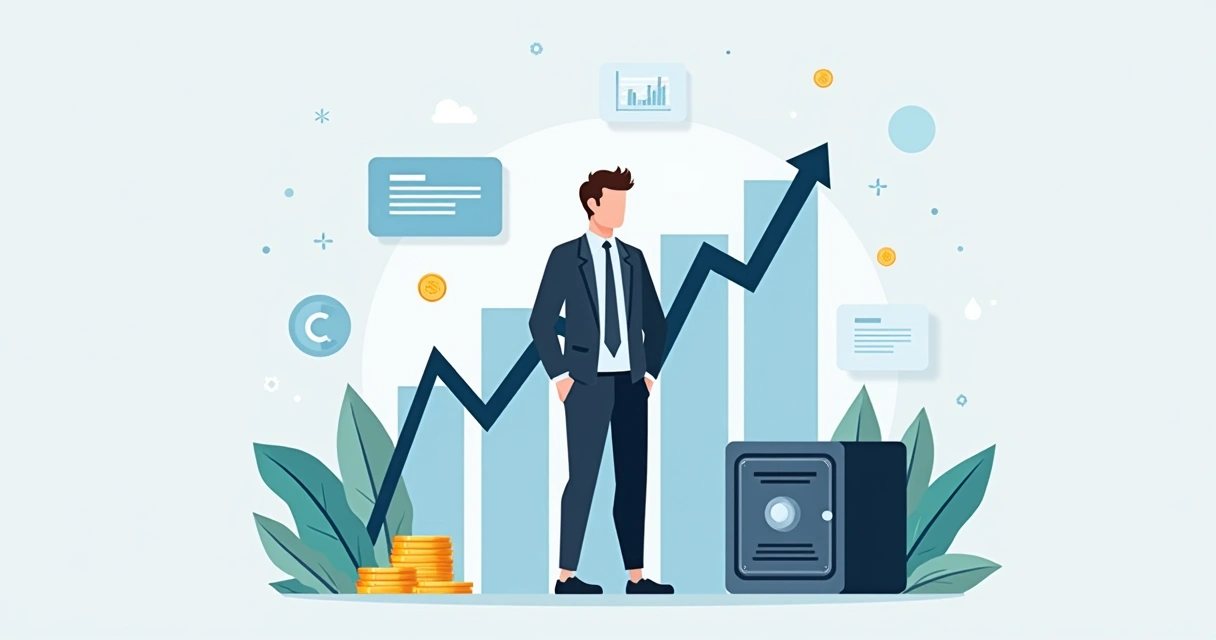 Ilustração corporativa de empresário analisando gráficos financeiros e cofres ao fundo