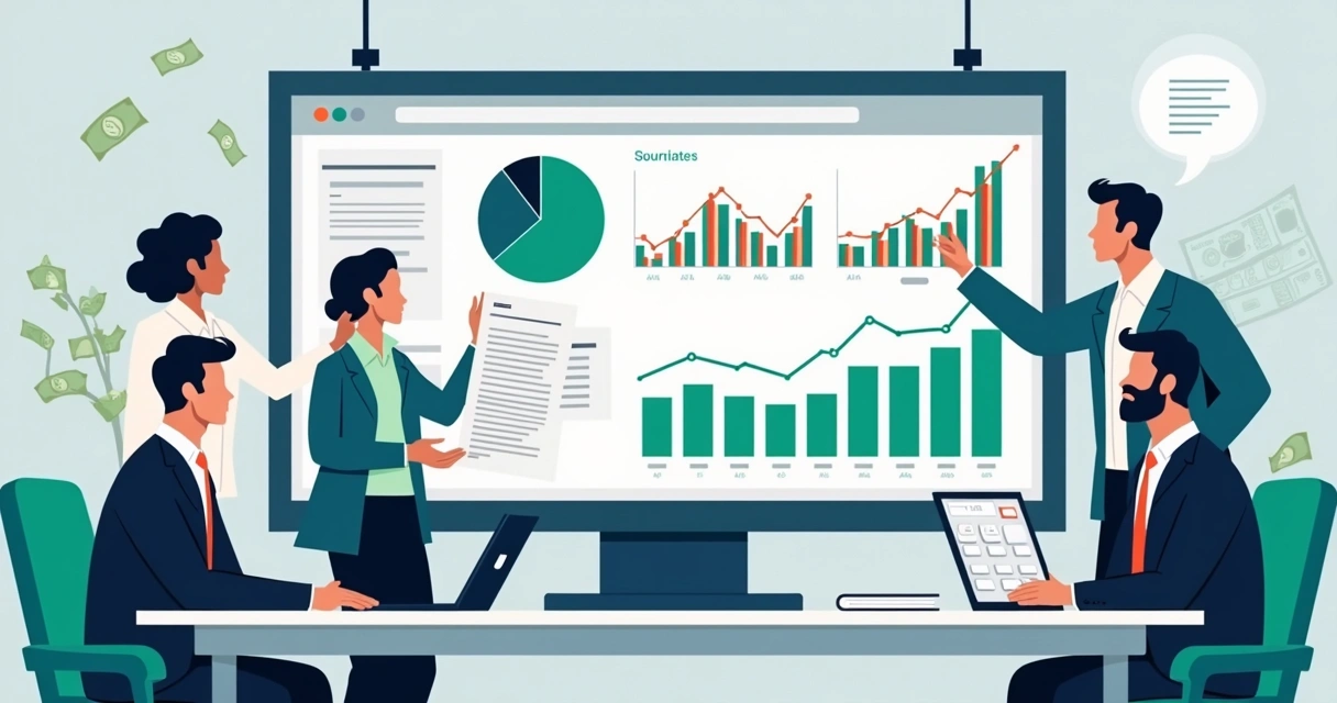 Ilustração corporativa mostrando pessoas avaliando gráficos financeiros e documentos de dívidas