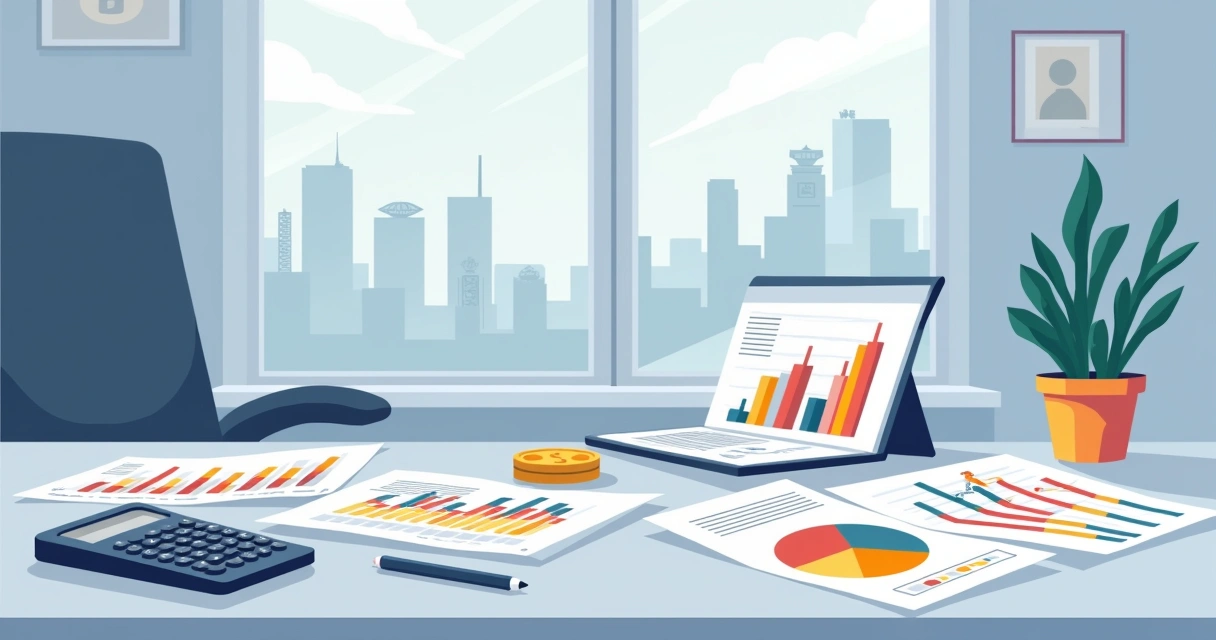 Ilustração corporativa em estilo flat mostrando diferentes planos tributários com gráficos, documentos e calculadora sobre uma mesa de escritório