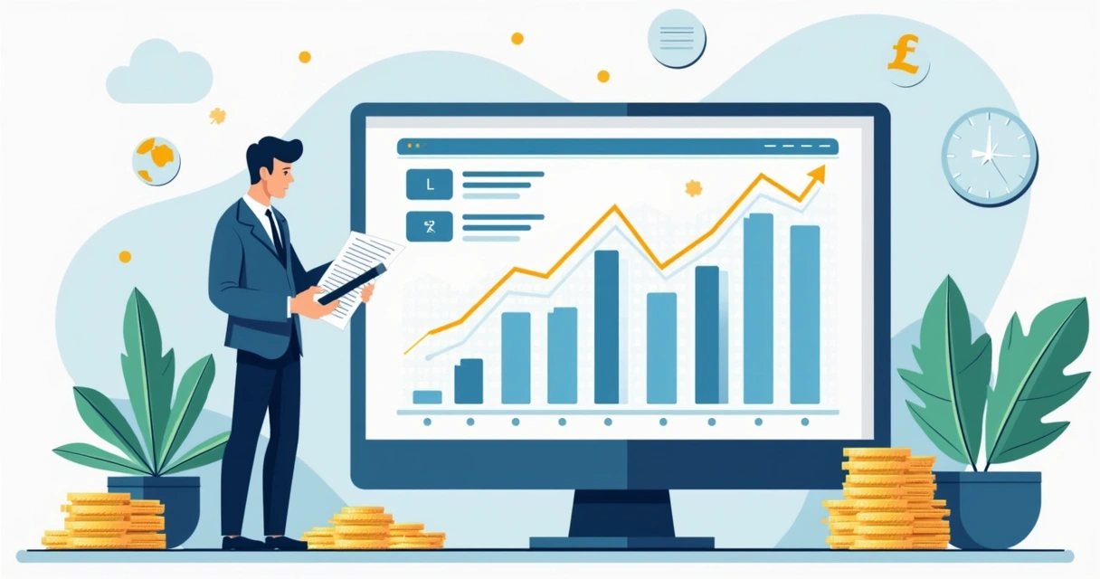 Ilustração plana corporativa com empresário analisando gráficos financeiros e calculadora, representando impacto do aumento do IOF no caixa da empresa