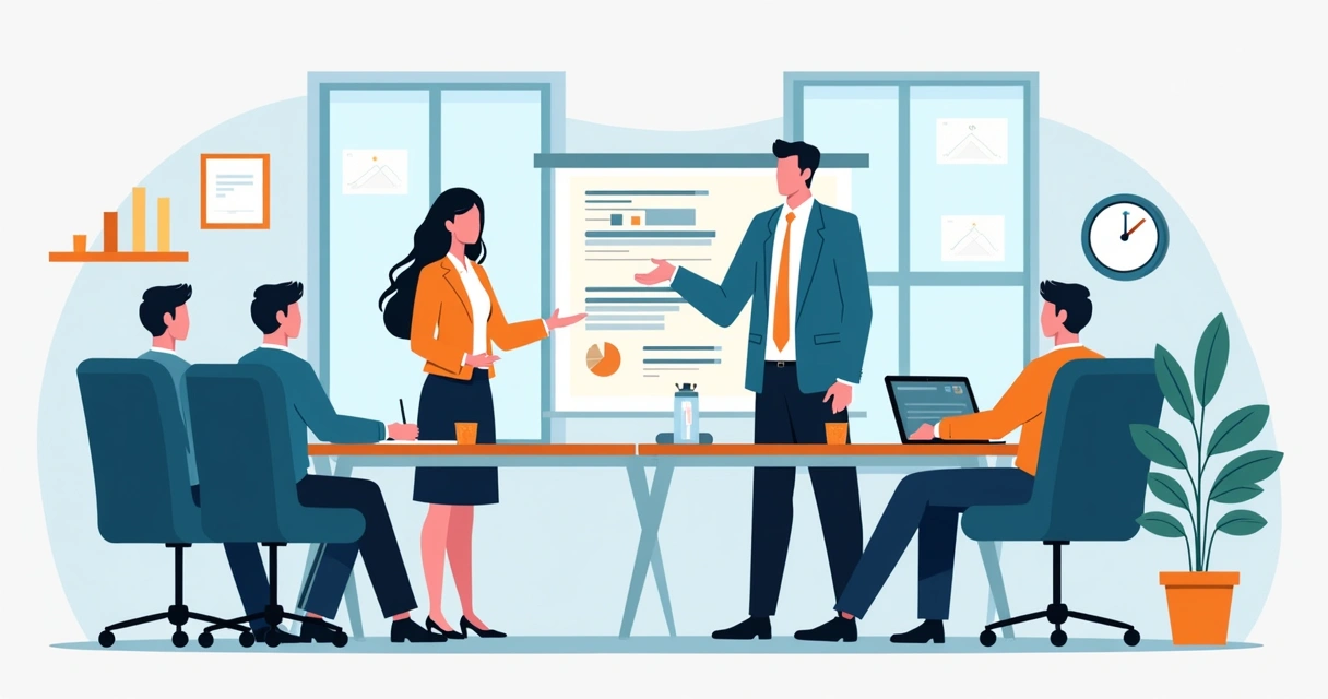 Ilustração corporativa plana mostrando um empreendedor apresentando lições de gestão para uma equipe em ambiente de escritório moderno com gráficos e ícones financeiros ao fundo
