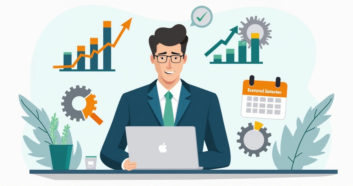 Ilustração corporativa de empresário ajustando metas financeiras com gráficos e indicadores no computador
