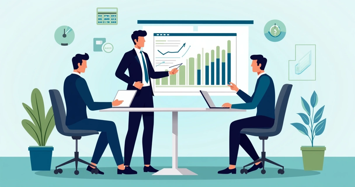 Ilustração corporativa plana mostrando consultor financeiro explicando gráficos para clientes em escritório moderno