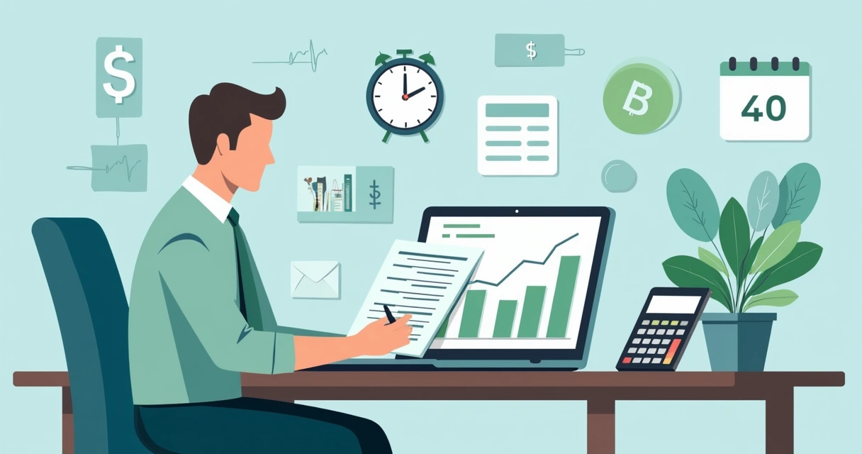 Ilustração de empresário analisando fluxo de caixa em laptop com gráficos e calculadora