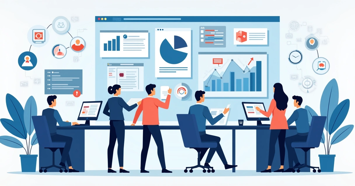 Ilustração corporativa de ferramentas de inteligência artificial para automação empresarial e análise de dados
