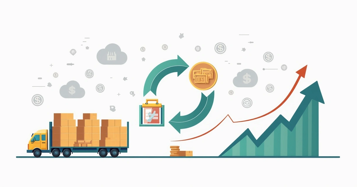 Ilustração corporativa plana mostrando estoque de produtos, ciclo financeiro e gráfico de capital de giro conectados por setas