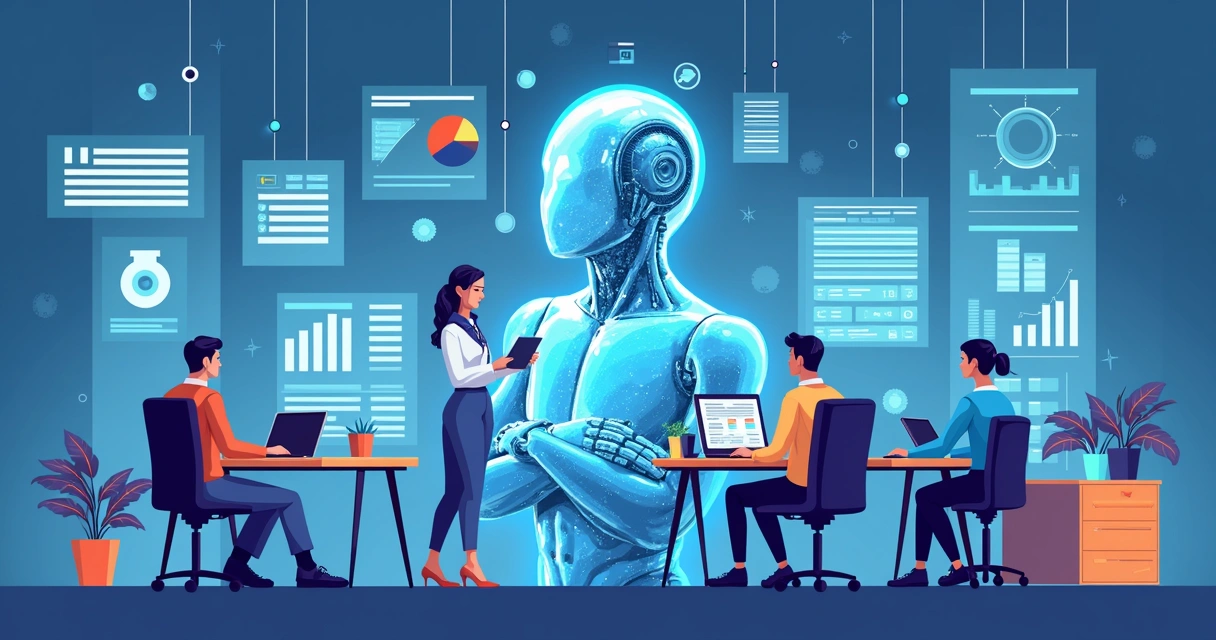 Ilustração corporativa plana mostrando funcionalidades de inteligência artificial em uma empresa com gráficos, robôs, chatbots e equipe trabalhando