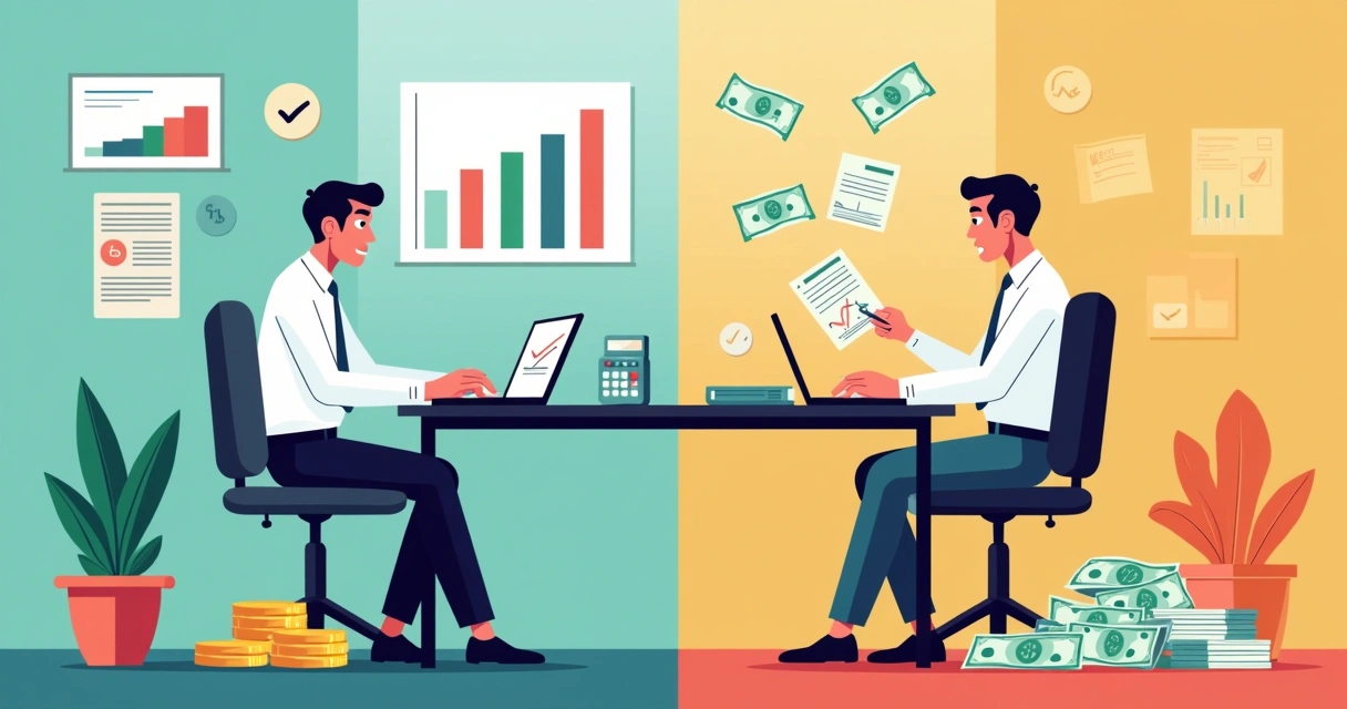 Ilustração corporativa mostrando confronto entre gestão financeira planejada e improvisação no caixa da empresa