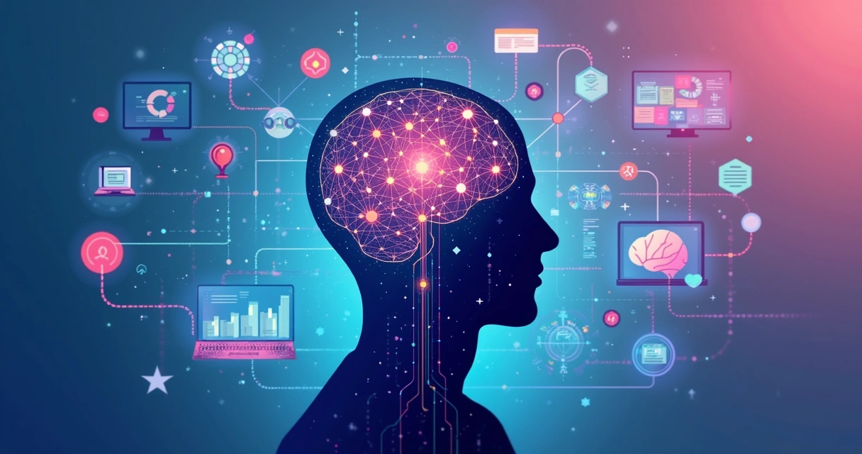 Ilustração flat corporativa de representação de inteligência artificial com elementos de redes neurais, gráficos e dispositivos digitais