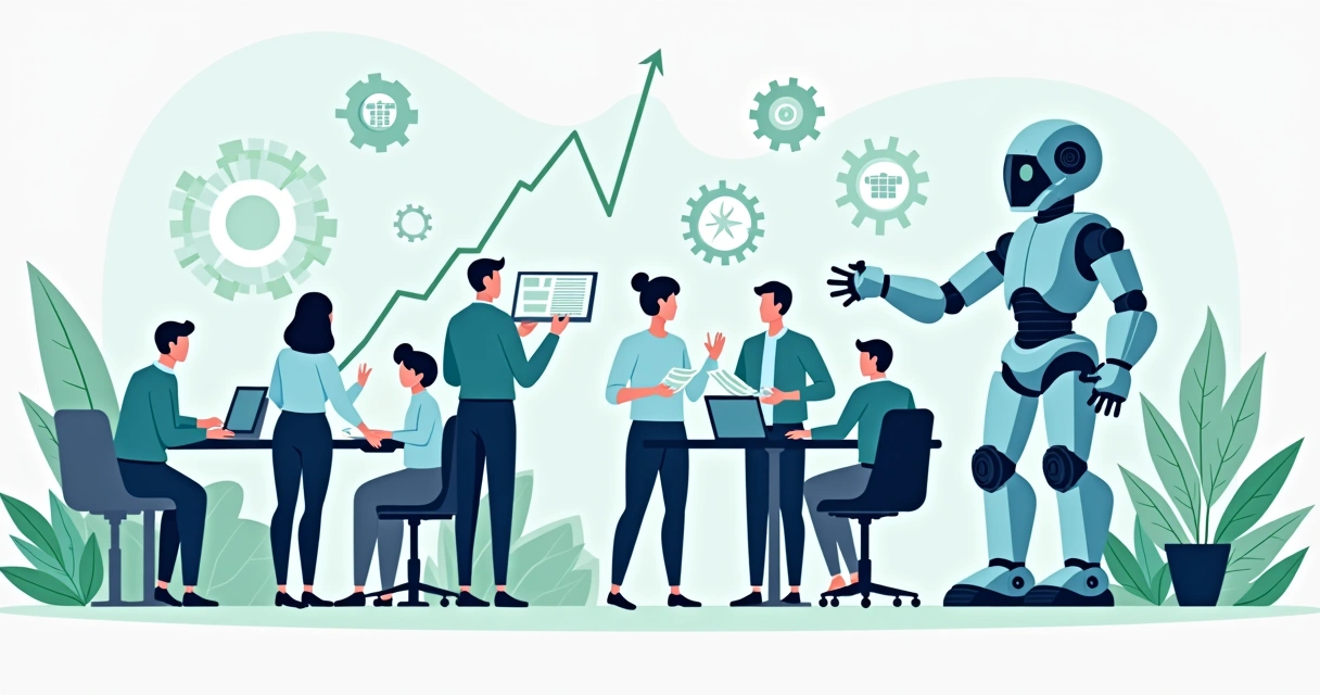 Ilustração corporativa mostrando empresários de PMEs colaborando com robôs de IA e gráficos de crescimento ao fundo