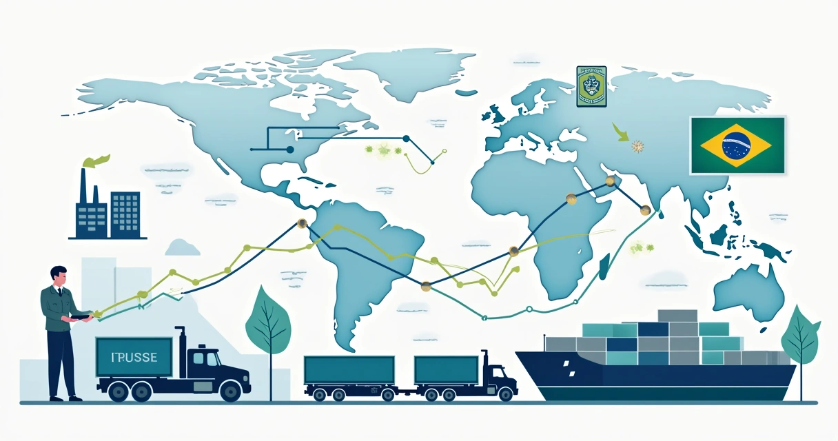 Ilustração corporativa plana mostrando tarifas dos EUA impactando a cadeia de suprimentos brasileira com caminhões, containers e gráficos financeiros