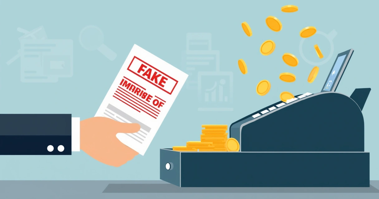Ilustração corporativa de mão entregando boleto falso para caixa registradora com cifrões
