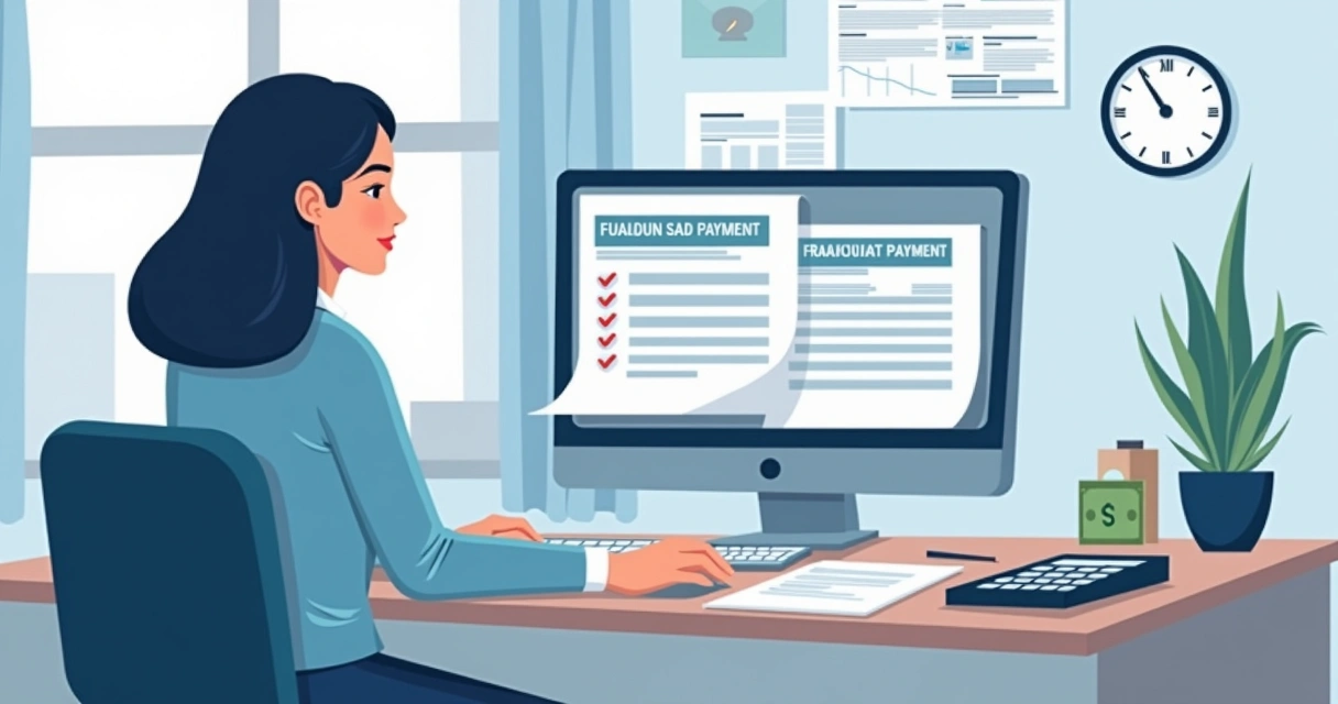 Ilustração corporativa de funcionária utilizando boletos falsos em computador, com documentos e dinheiro ao redor