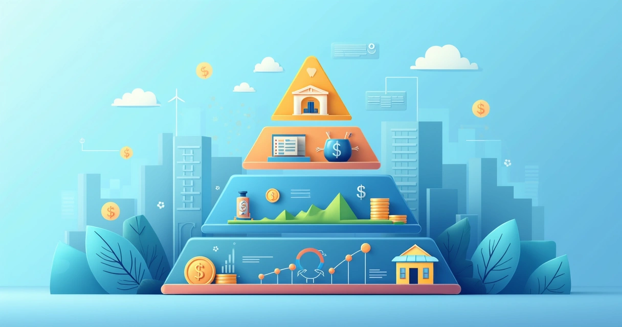 Ilustração corporativa da pirâmide de Maslow com ícones financeiros em cada nível, fundo azul claro