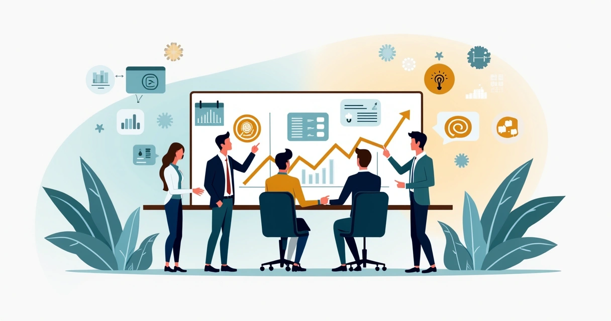 Ilustração de empresários alinhando finanças e estratégia em pequena empresa