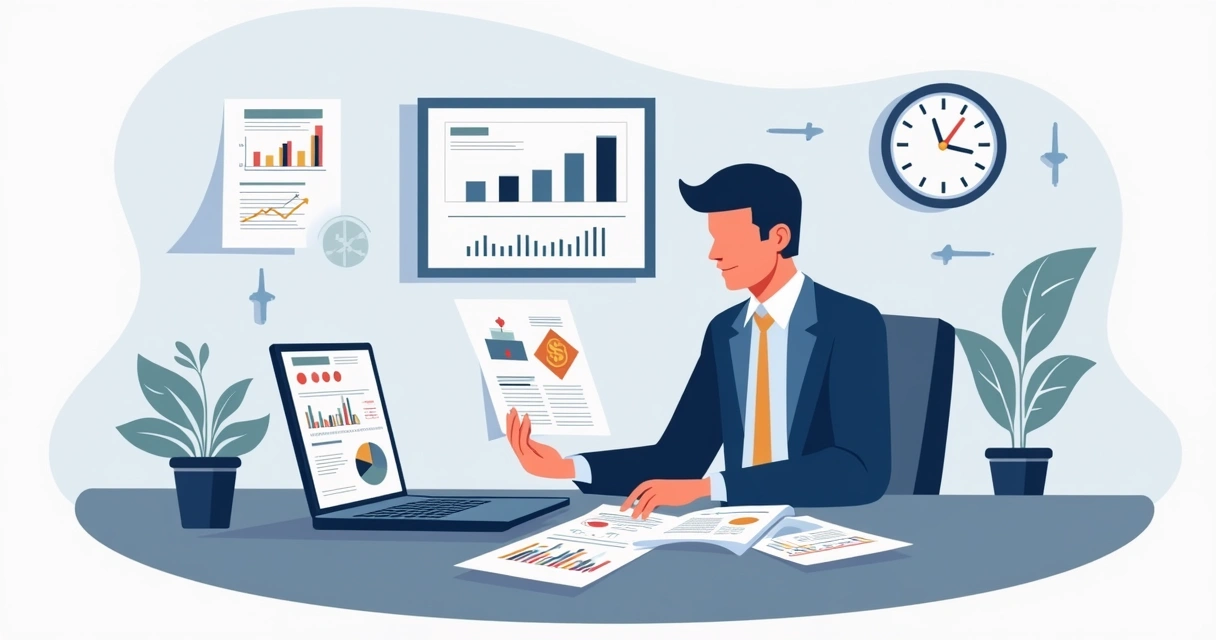 Ilustração corporativa de gestor analisando balanço financeiro e dívidas para reestruturação