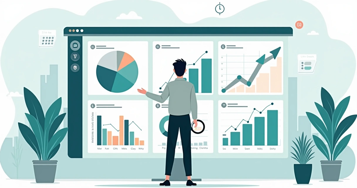 Gestor observando painel com sete indicadores financeiros em gráficos coloridos
