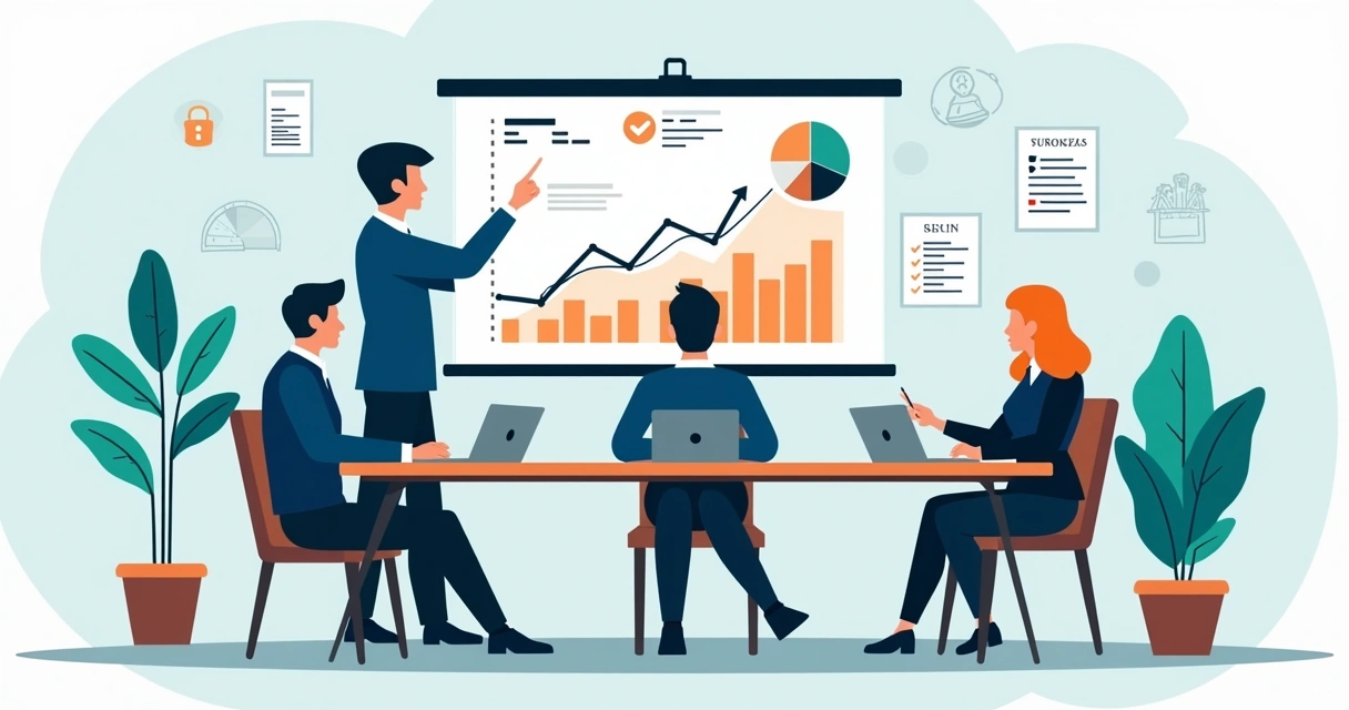 Ilustração de líderes de PME analisando painel de governança financeira